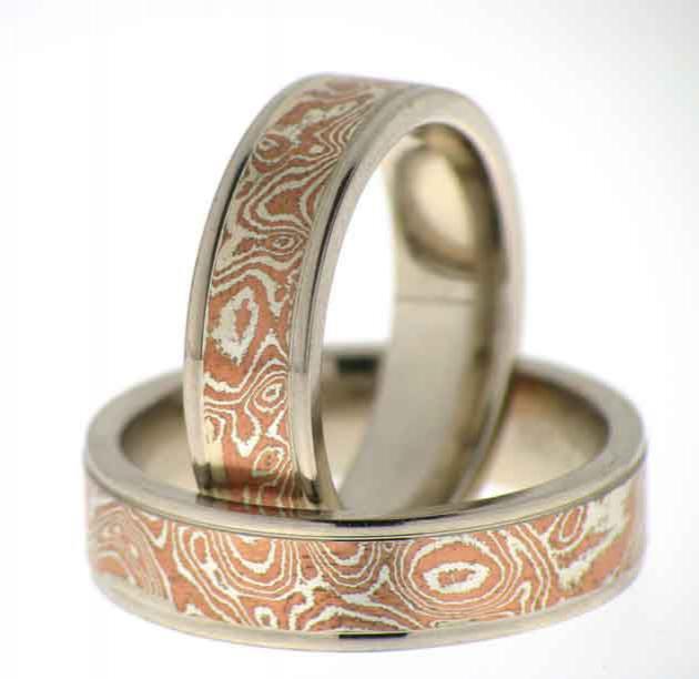Kupfer/ Silber Mokume Gane Ringe in Weissgold gefasst